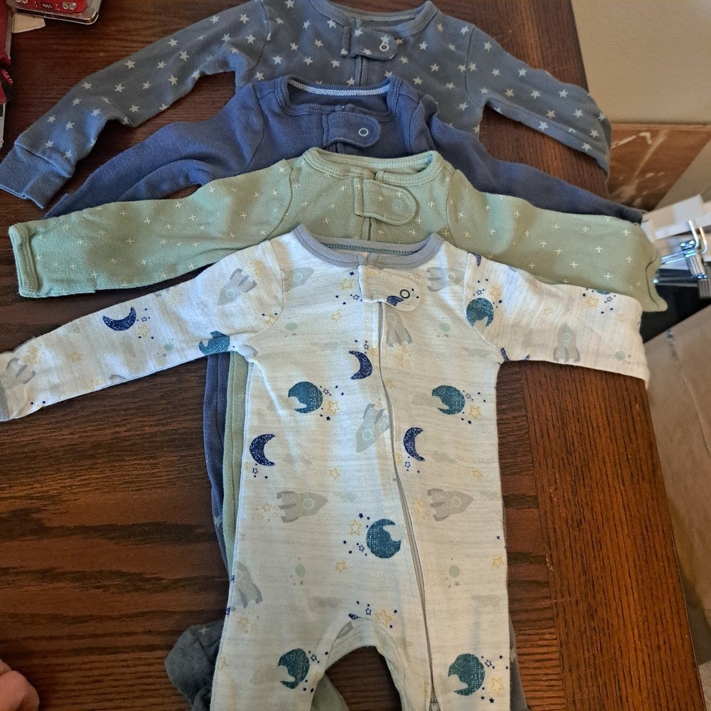 Cloud Island Baby Sleep and Play Footed Pajamas Lot of 4 Blue Green Stars Moon